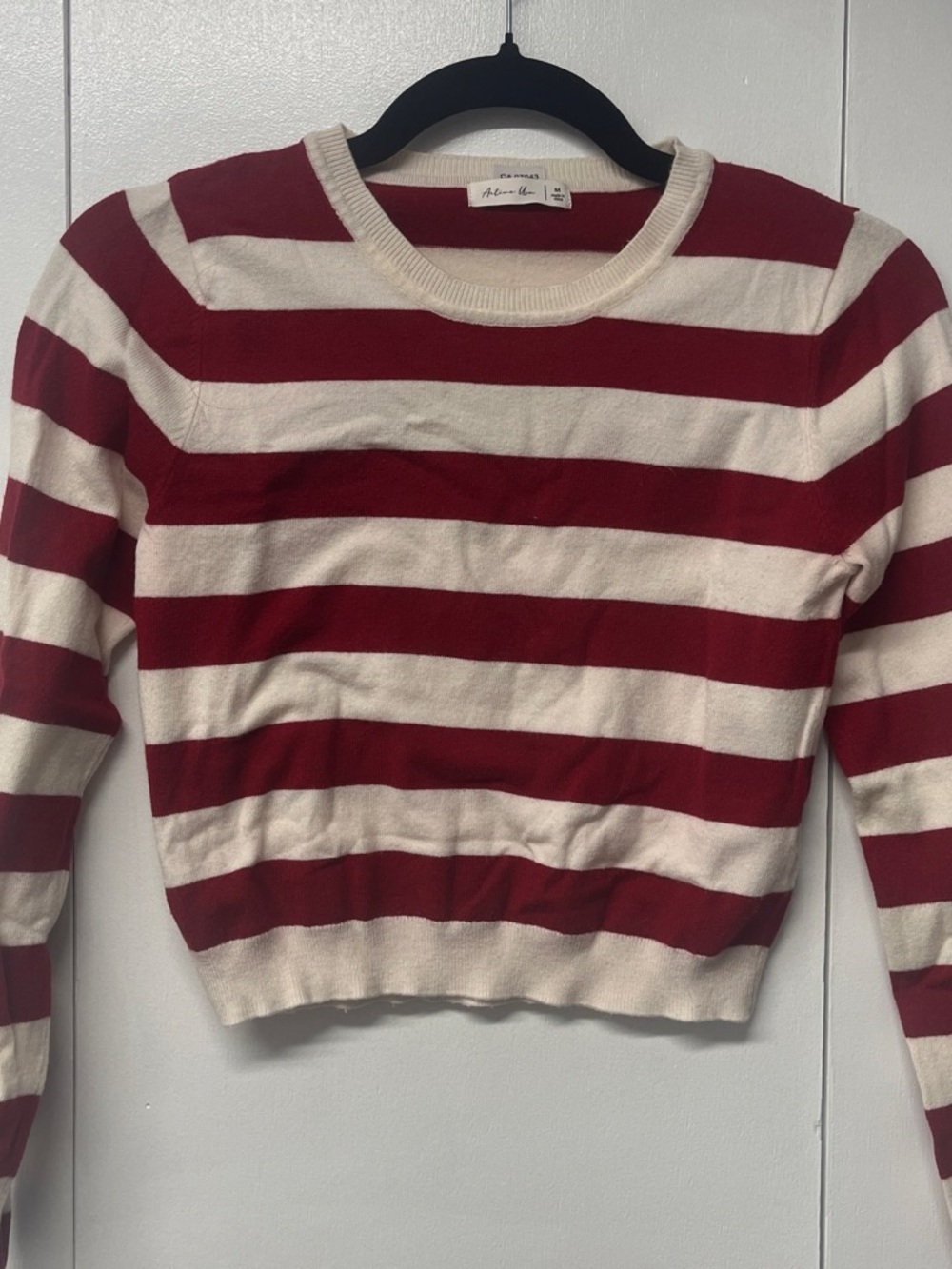 Striped Long-Sleeve Crewneck Sweater in Red and Cream